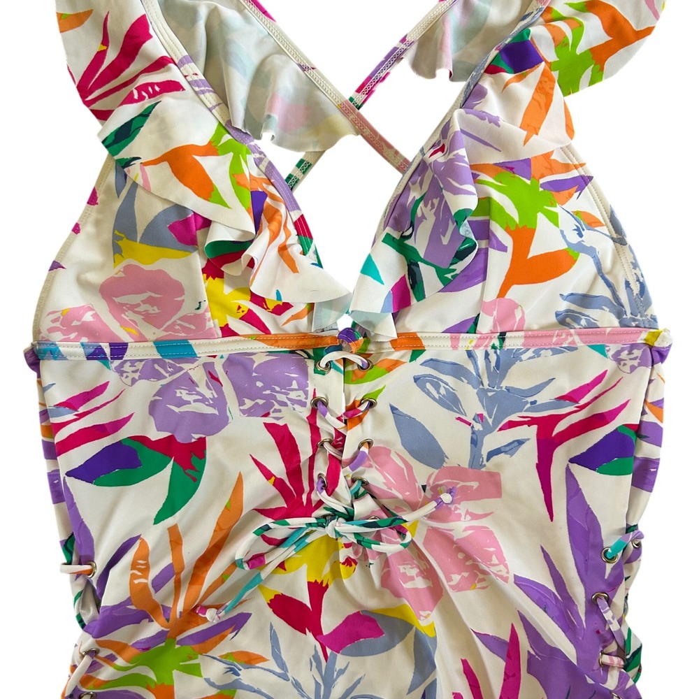 XOXO White and Colorful Tropical‎ Print Tie One Piece Ruffle Swimsuit Women's 1X - Picture 3 of 8